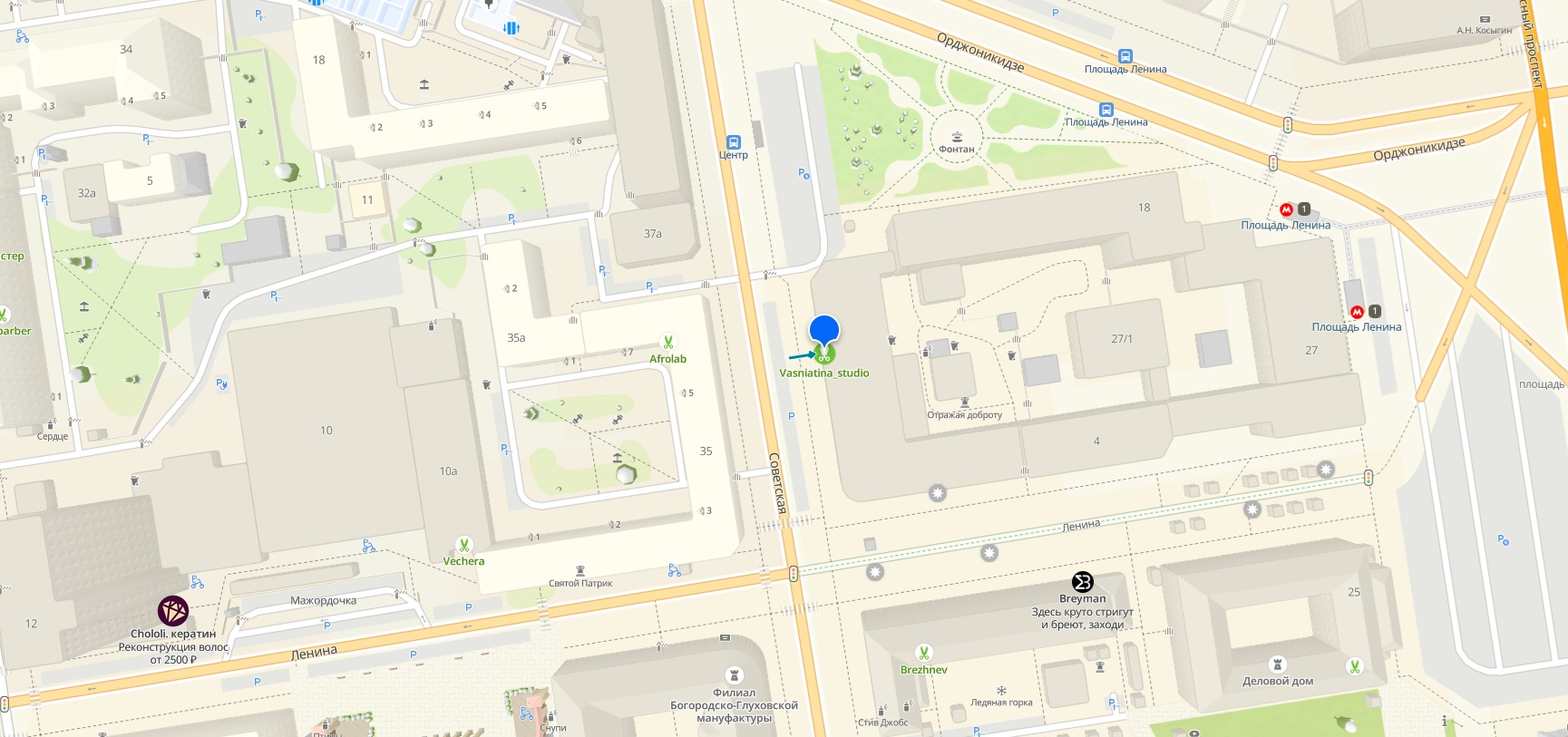 Карта расположения студии маникюра Vasniatina Nails в Новосибирске, ул. Советская 18, оф 435